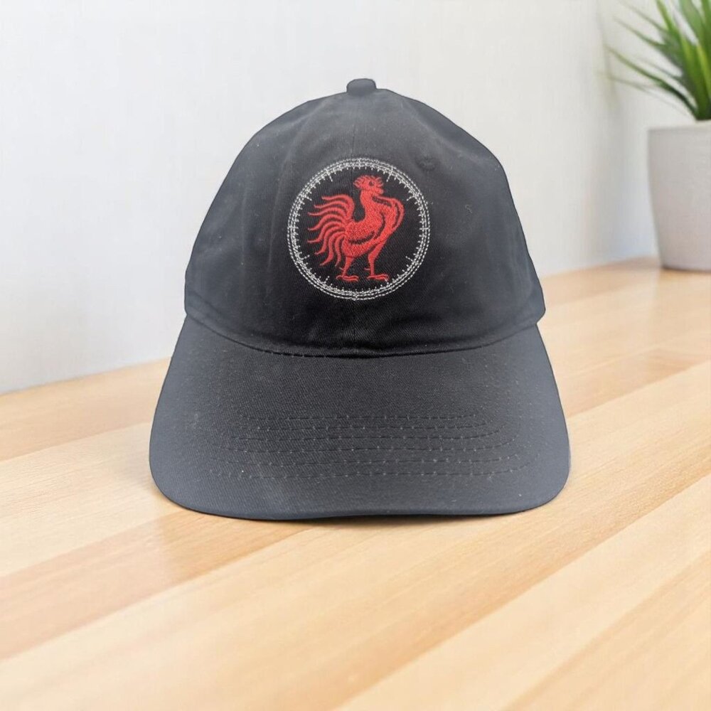 Black Adjustable Baseball Cap With Embroidered Red Rooster Logo & "Watchyouwant.
